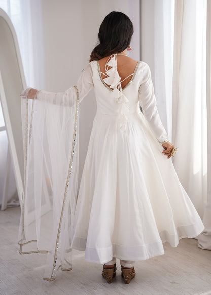White Roman Silk Chanderi Anarkali Suit with Mirror Lace Dupatta