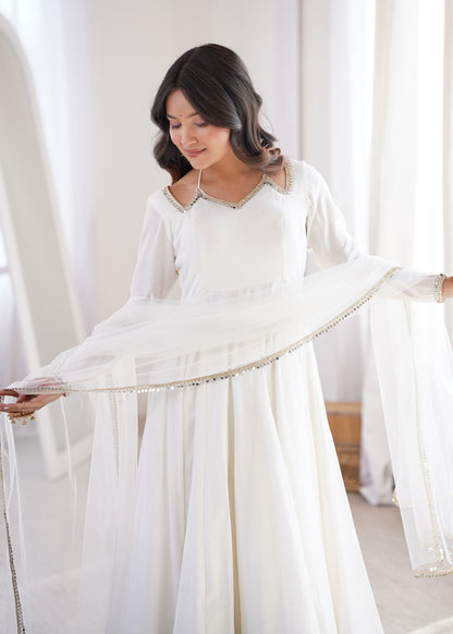 White Roman Silk Chanderi Anarkali Suit with Mirror Lace Dupatta