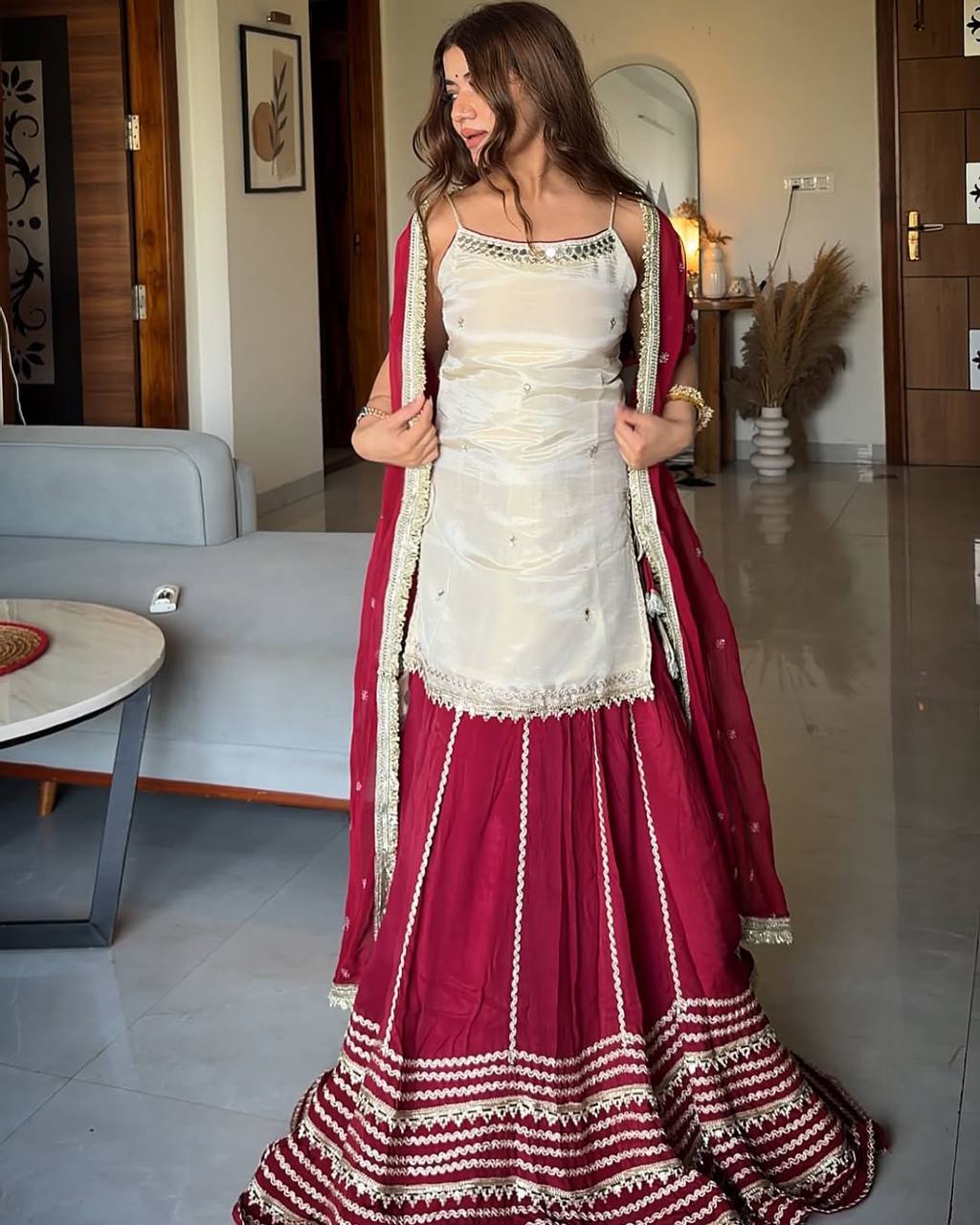 Ivory and Maroon Elegant Top Bottom Dupatta Suit Set