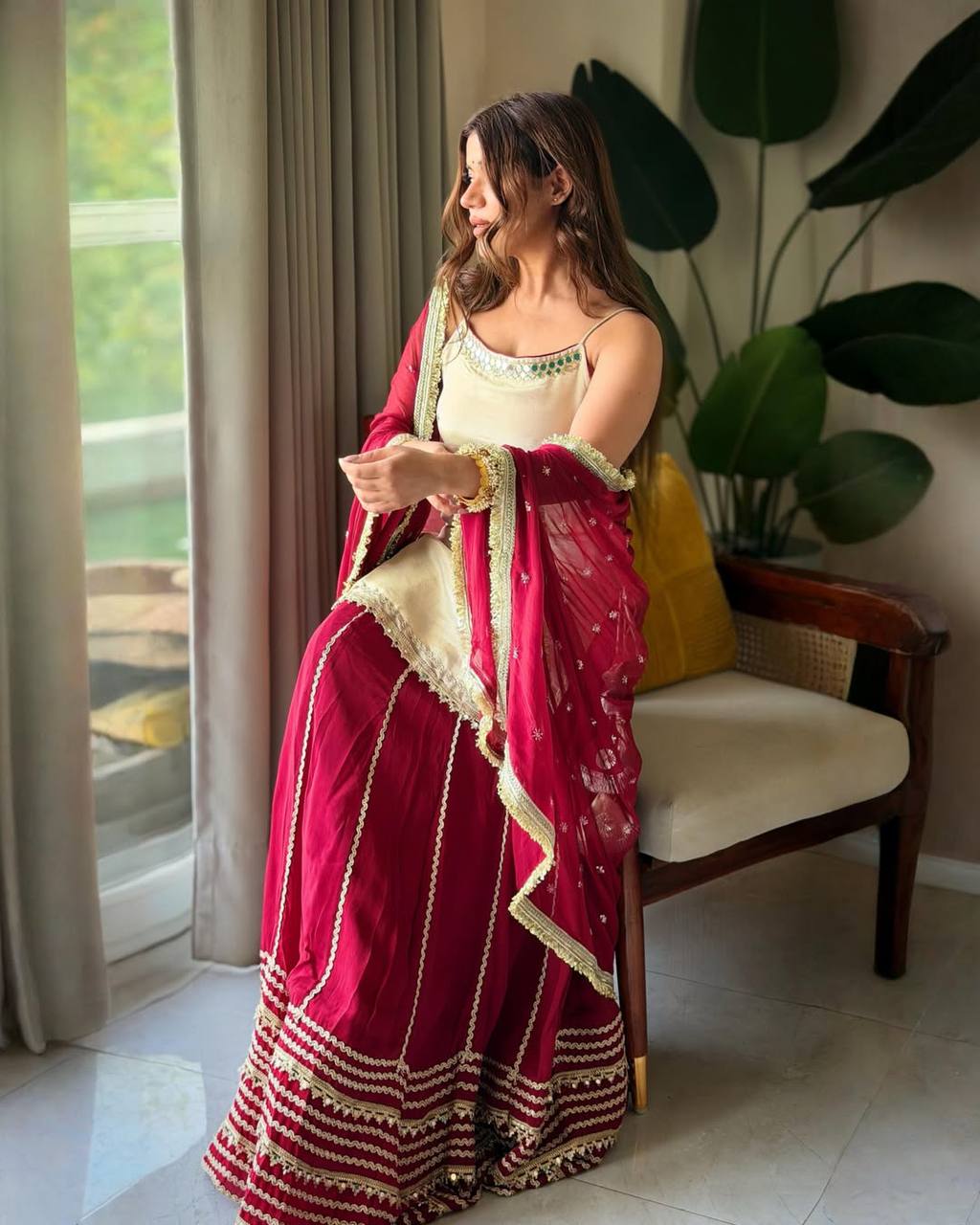 Ivory and Maroon Elegant Top Bottom Dupatta Suit Set