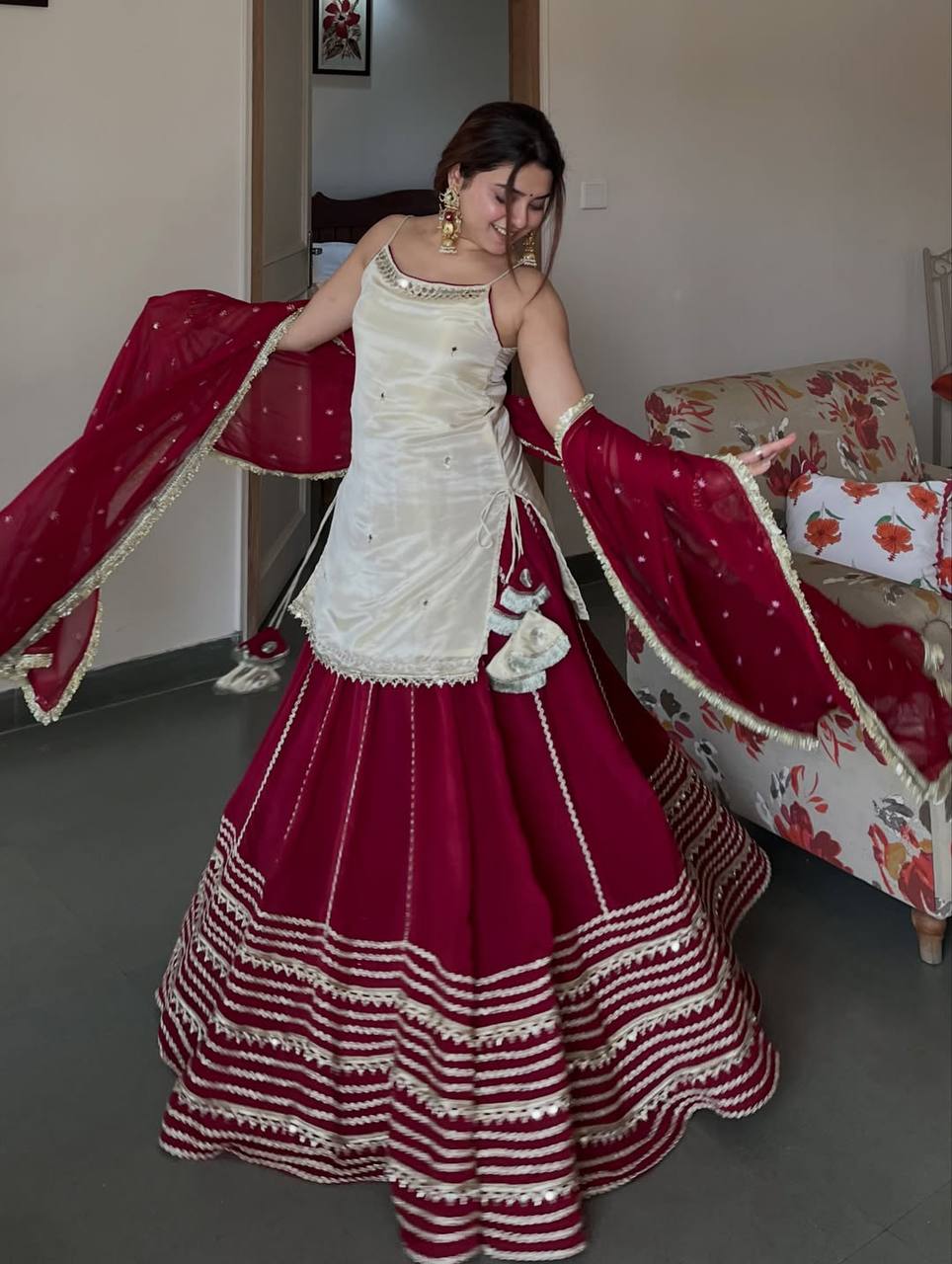 Ivory and Maroon Elegant Top Bottom Dupatta Suit Set