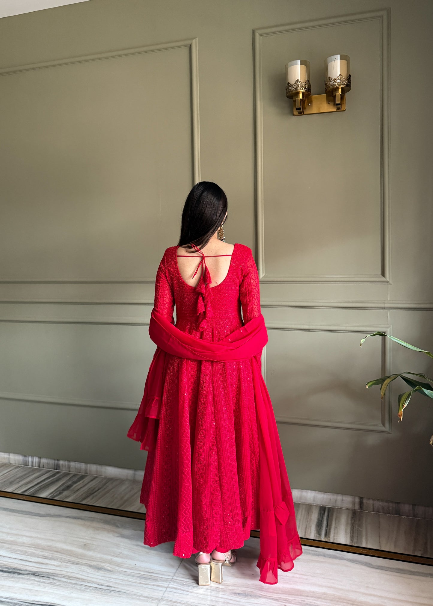 Red Lucknowi Sequins Work Fox Georgette Anarkali Gown with Ruffle Dupatta