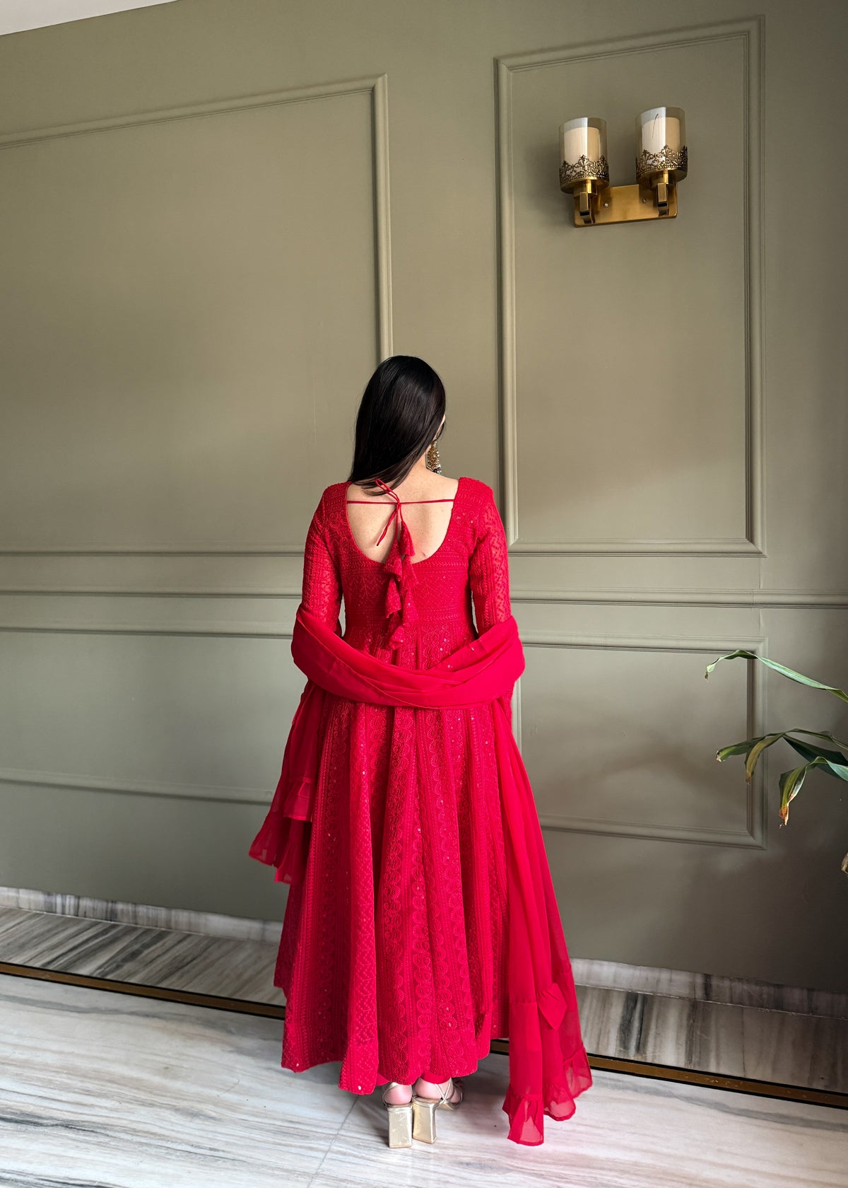 Red Lucknowi Sequins Work Fox Georgette Anarkali Gown with Ruffle Dupatta