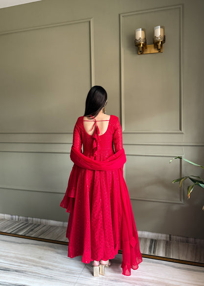 Red Lucknowi Sequins Work Fox Georgette Anarkali Gown with Ruffle Dupatta