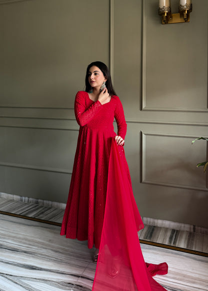 Red Lucknowi Sequins Work Fox Georgette Anarkali Gown with Ruffle Dupatta