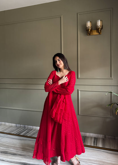 Red Lucknowi Sequins Work Fox Georgette Anarkali Gown with Ruffle Dupatta