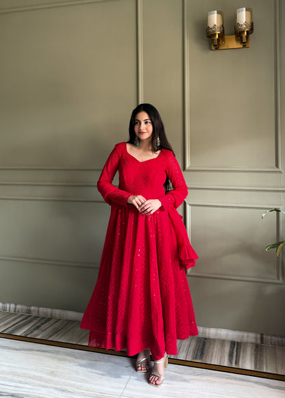 Red Lucknowi Sequins Work Fox Georgette Anarkali Gown with Ruffle Dupatta