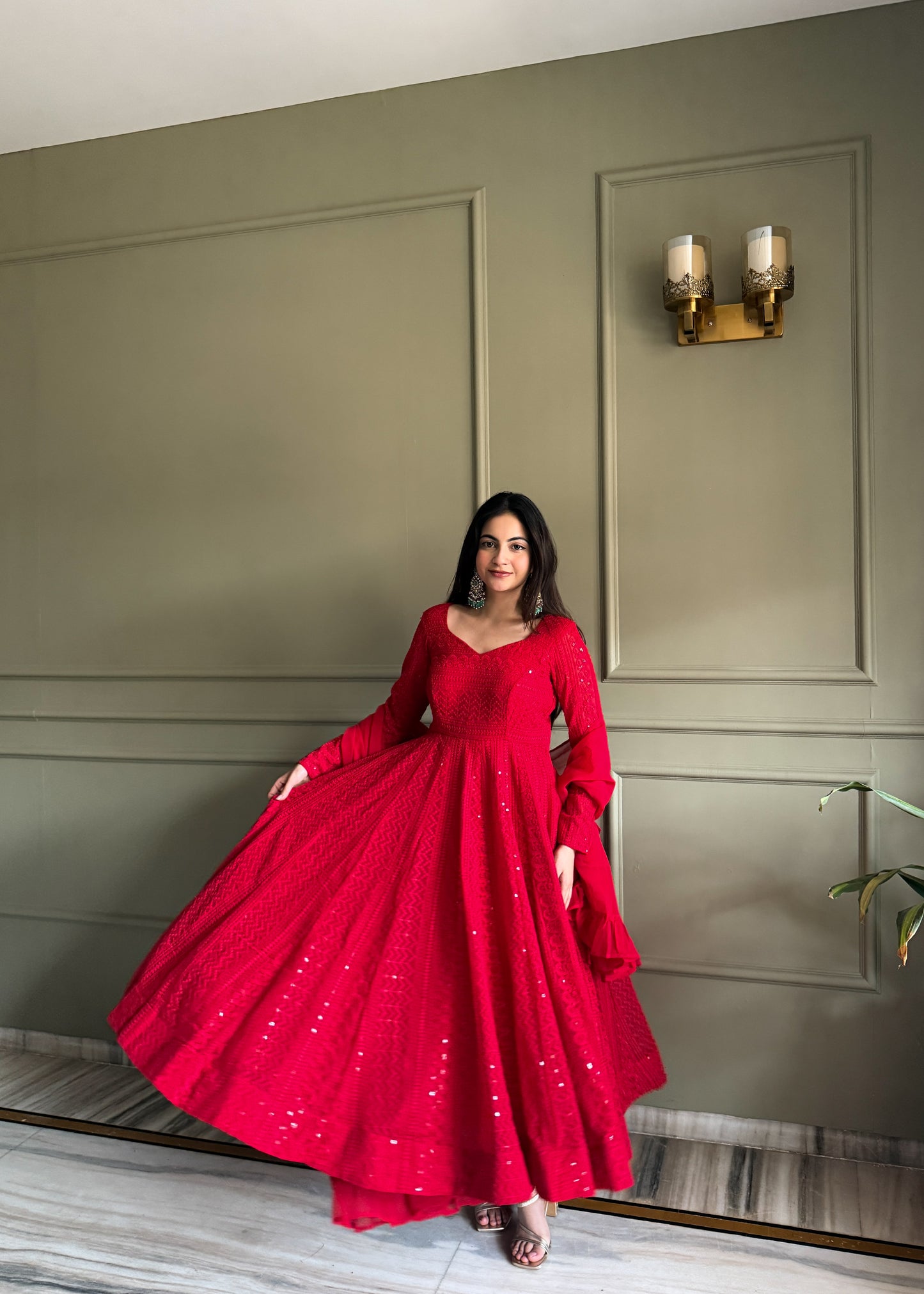 Red Lucknowi Sequins Work Fox Georgette Anarkali Gown with Ruffle Dupatta
