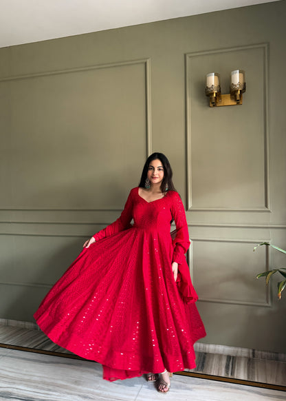 Red Lucknowi Sequins Work Fox Georgette Anarkali Gown with Ruffle Dupatta