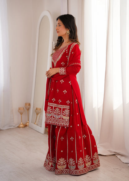 Red Fox Georgette Embroidered Sharara Suit with Dupatta