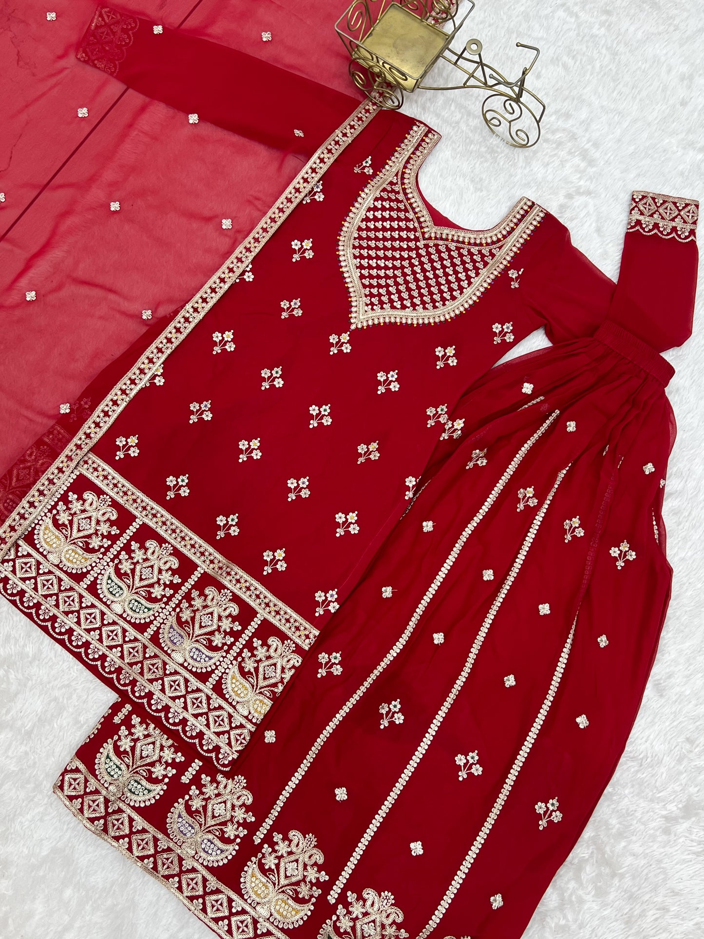 Red Fox Georgette Embroidered Sharara Suit with Dupatta