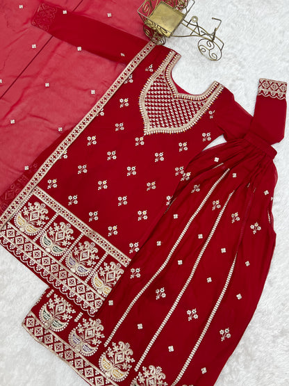 Red Fox Georgette Embroidered Sharara Suit with Dupatta