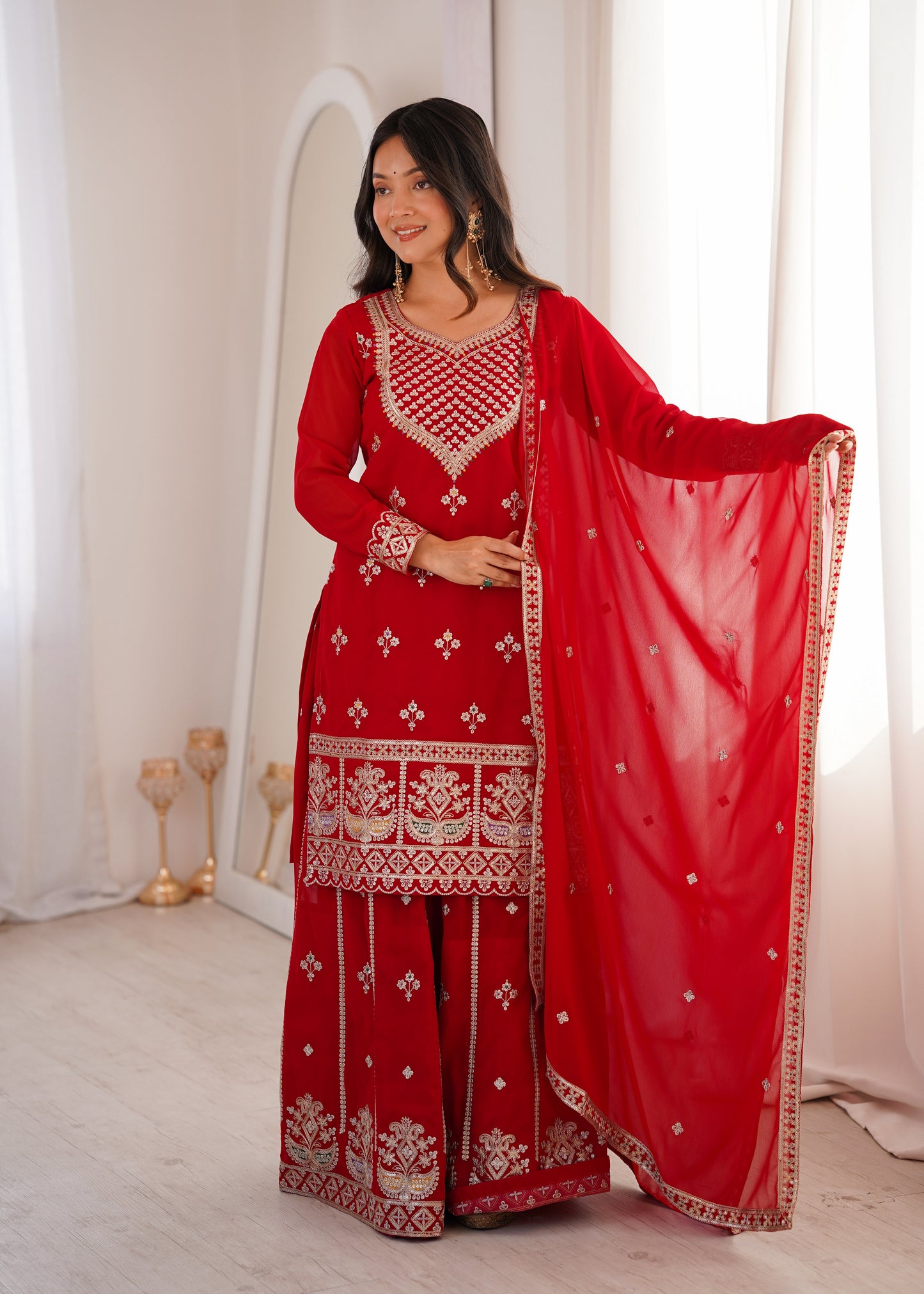 Red Fox Georgette Embroidered Sharara Suit with Dupatta