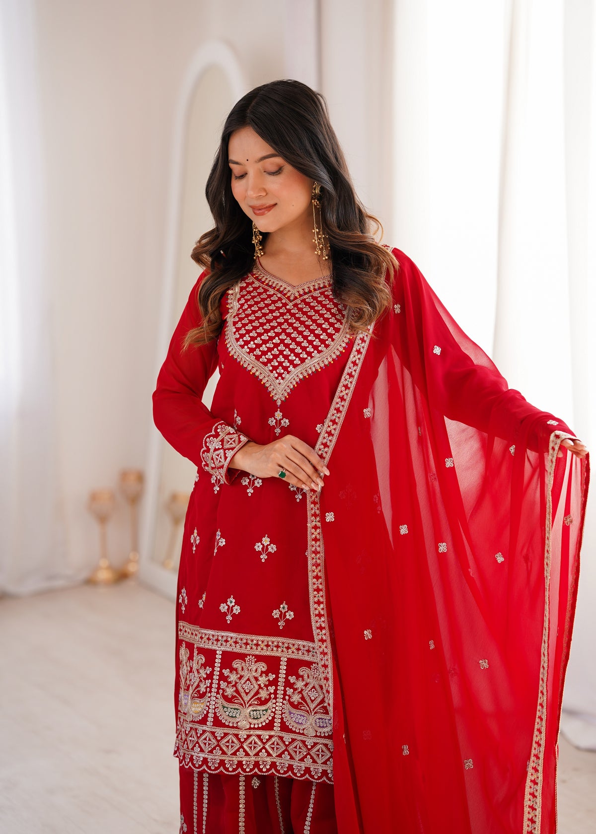 Red Fox Georgette Embroidered Sharara Suit with Dupatta