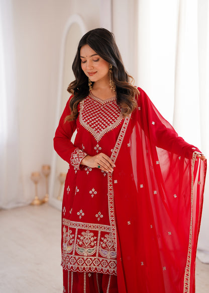Red Fox Georgette Embroidered Sharara Suit with Dupatta