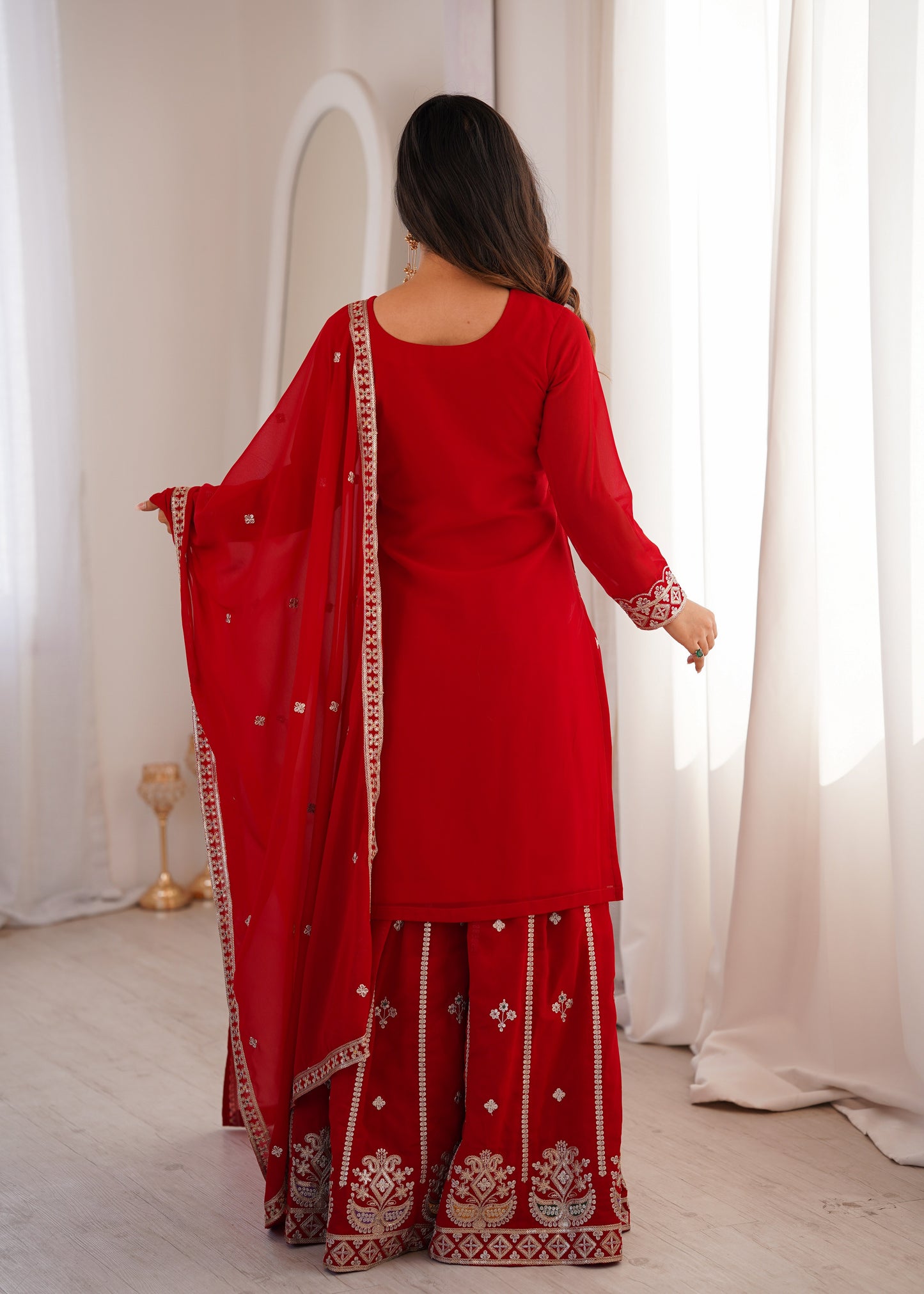 Red Fox Georgette Embroidered Sharara Suit with Dupatta