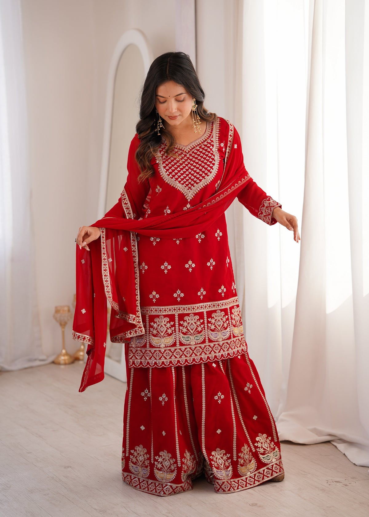 Red Fox Georgette Embroidered Sharara Suit with Dupatta