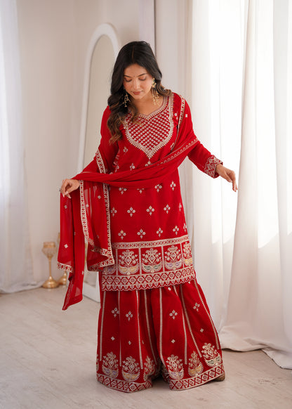 Red Fox Georgette Embroidered Sharara Suit with Dupatta