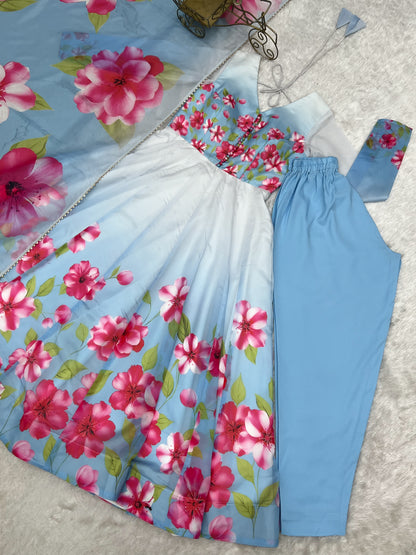 Sky Blue Floral Print Organza Silk Anarkali Gown with Dupatta