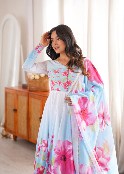 Sky Blue Floral Print Organza Silk Anarkali Gown with Dupatta