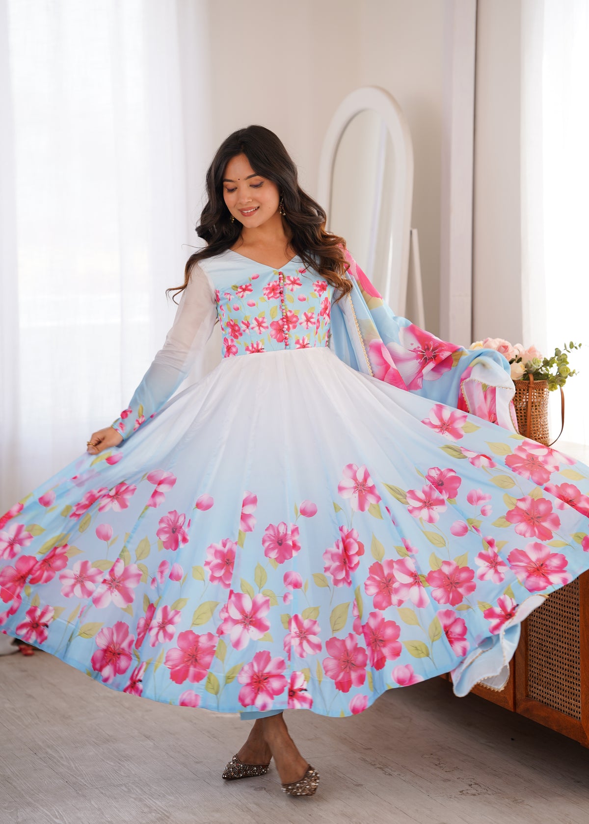 Sky Blue Floral Print Organza Silk Anarkali Gown with Dupatta