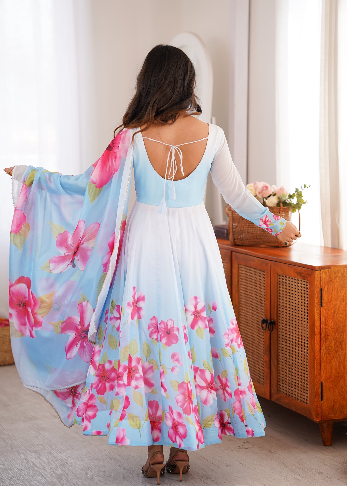 Sky Blue Floral Print Organza Silk Anarkali Gown with Dupatta