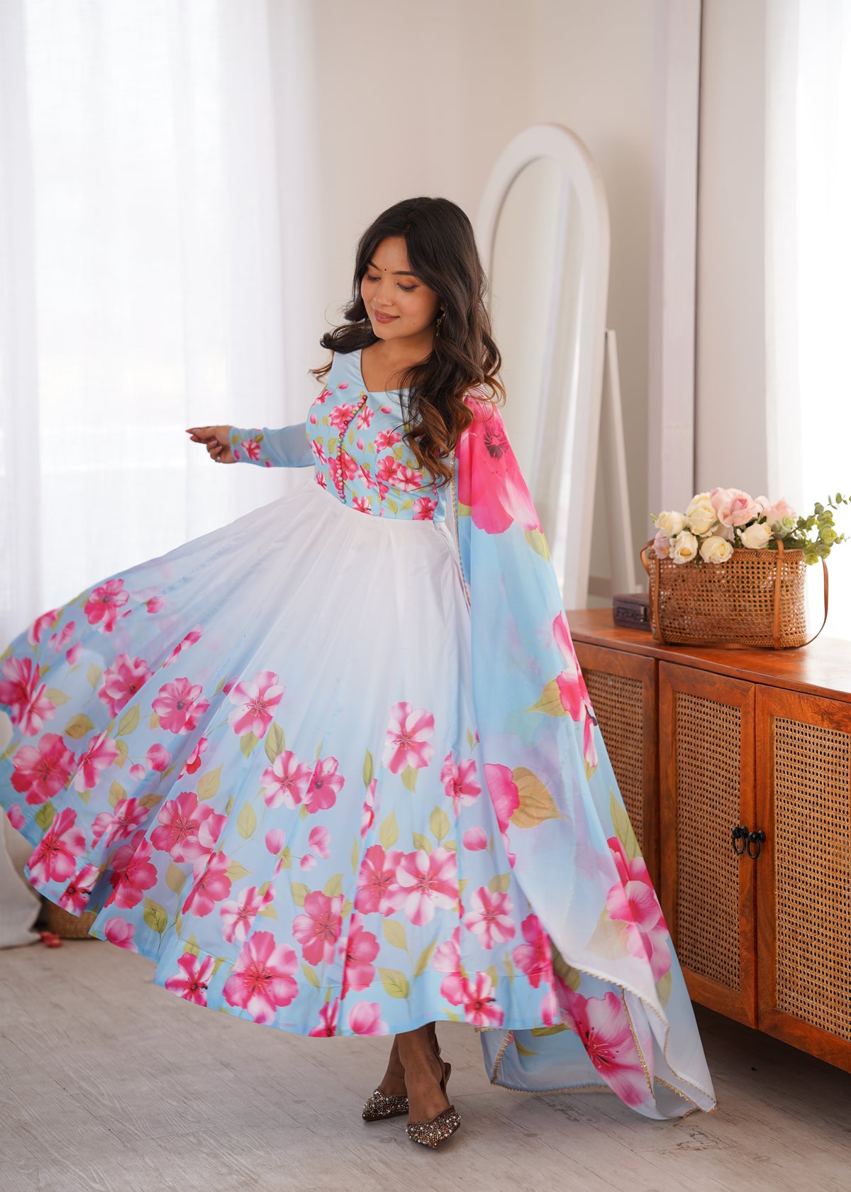 Sky Blue Floral Print Organza Silk Anarkali Gown with Dupatta