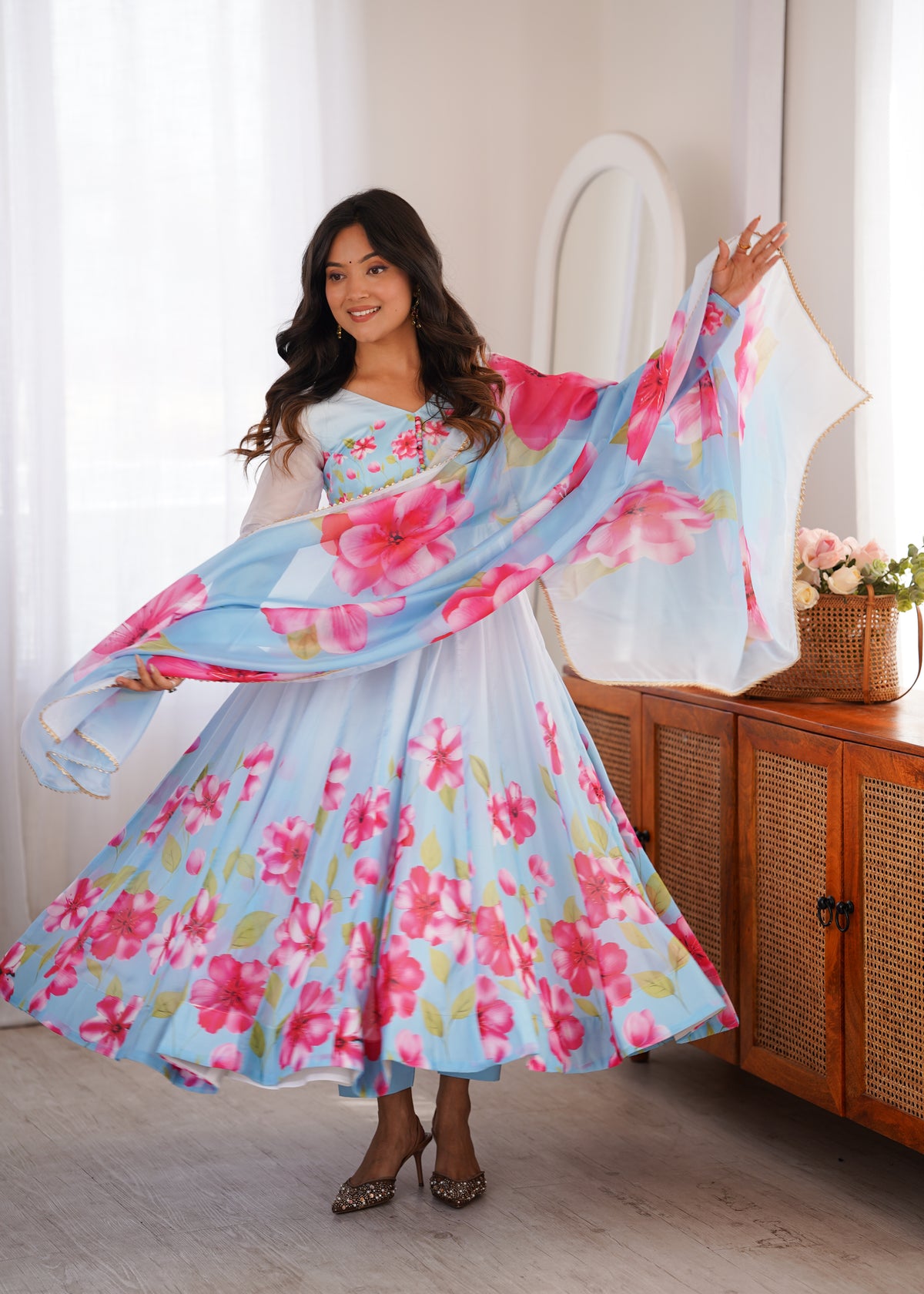 Sky Blue Floral Print Organza Silk Anarkali Gown with Dupatta