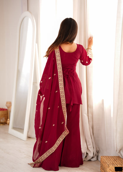 Maroon Embroidered Crunchy Silk Kurta Palazzo Suit with Dupatta