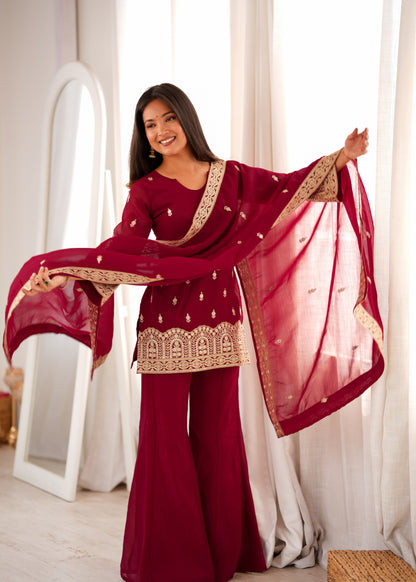 Maroon Embroidered Crunchy Silk Kurta Palazzo Suit with Dupatta