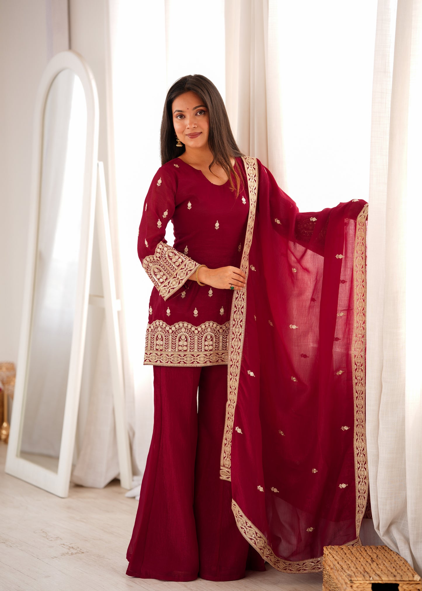 Maroon Embroidered Crunchy Silk Kurta Palazzo Suit with Dupatta