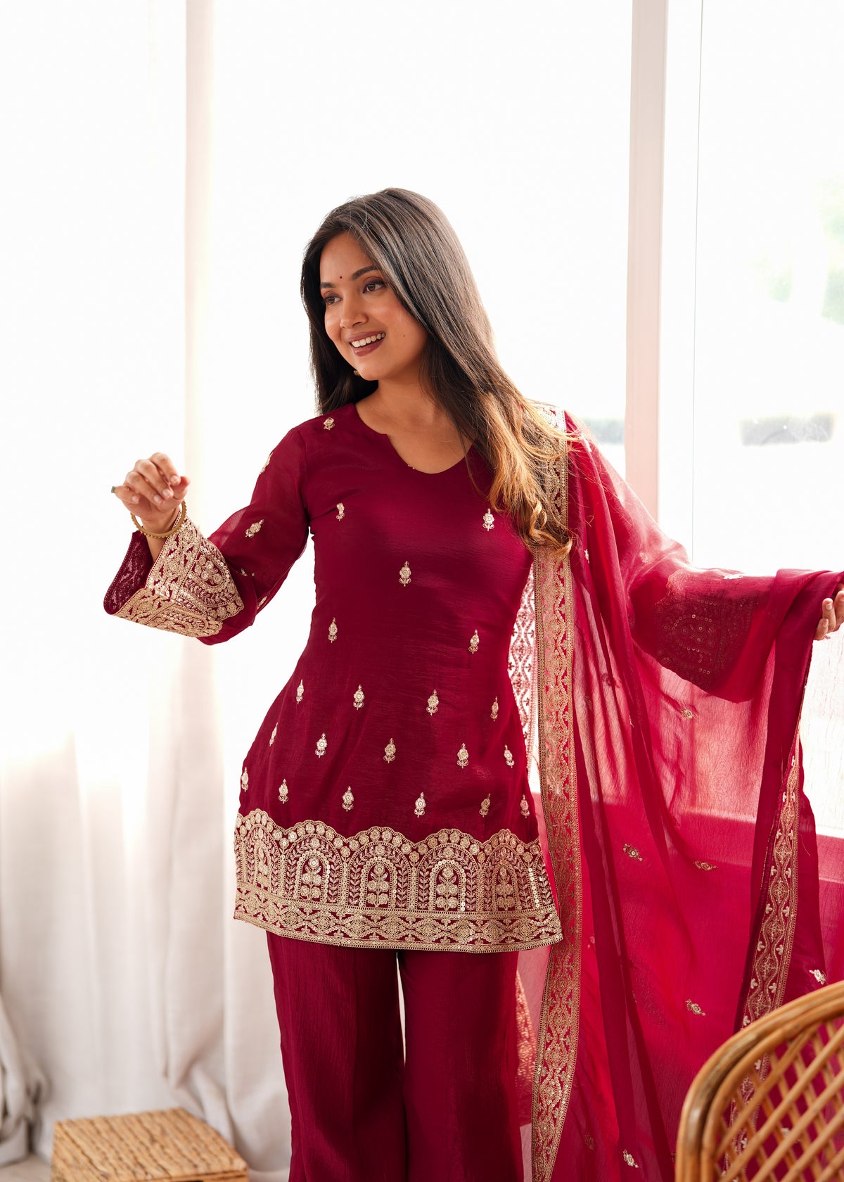 Maroon Embroidered Crunchy Silk Kurta Palazzo Suit with Dupatta