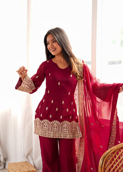 Maroon Embroidered Crunchy Silk Kurta Palazzo Suit with Dupatta