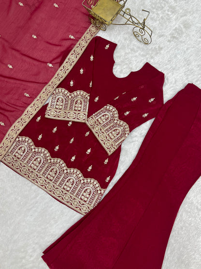Maroon Embroidered Crunchy Silk Kurta Palazzo Suit with Dupatta
