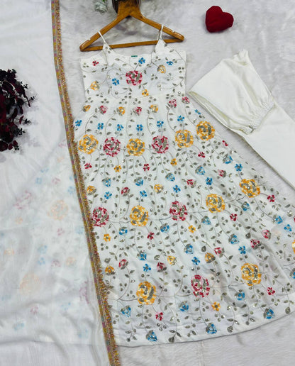 veera White Heavy Silk Anarkali Gown Set with Zari & Sequins Work