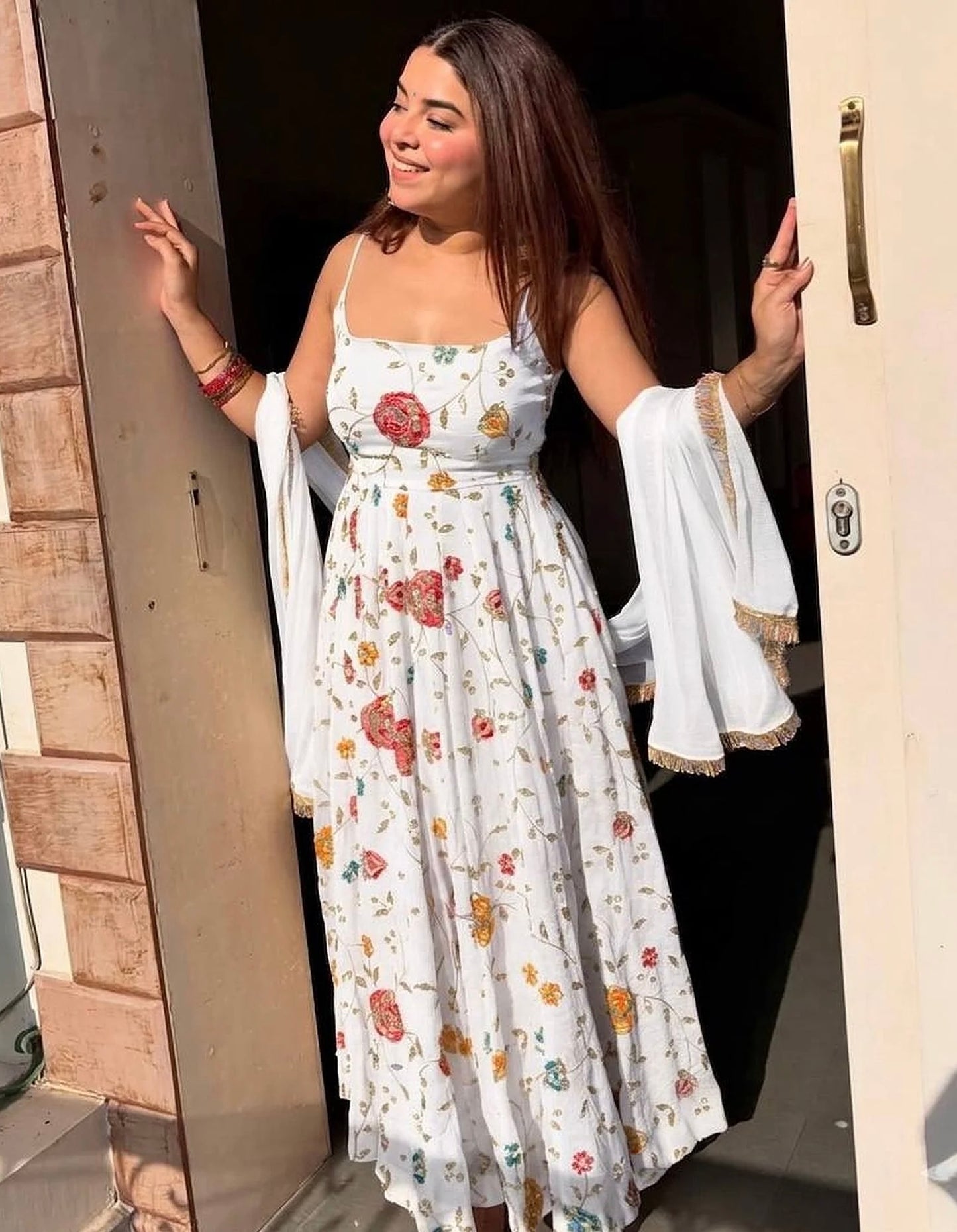 veera White Heavy Silk Anarkali Gown Set with Zari & Sequins Work