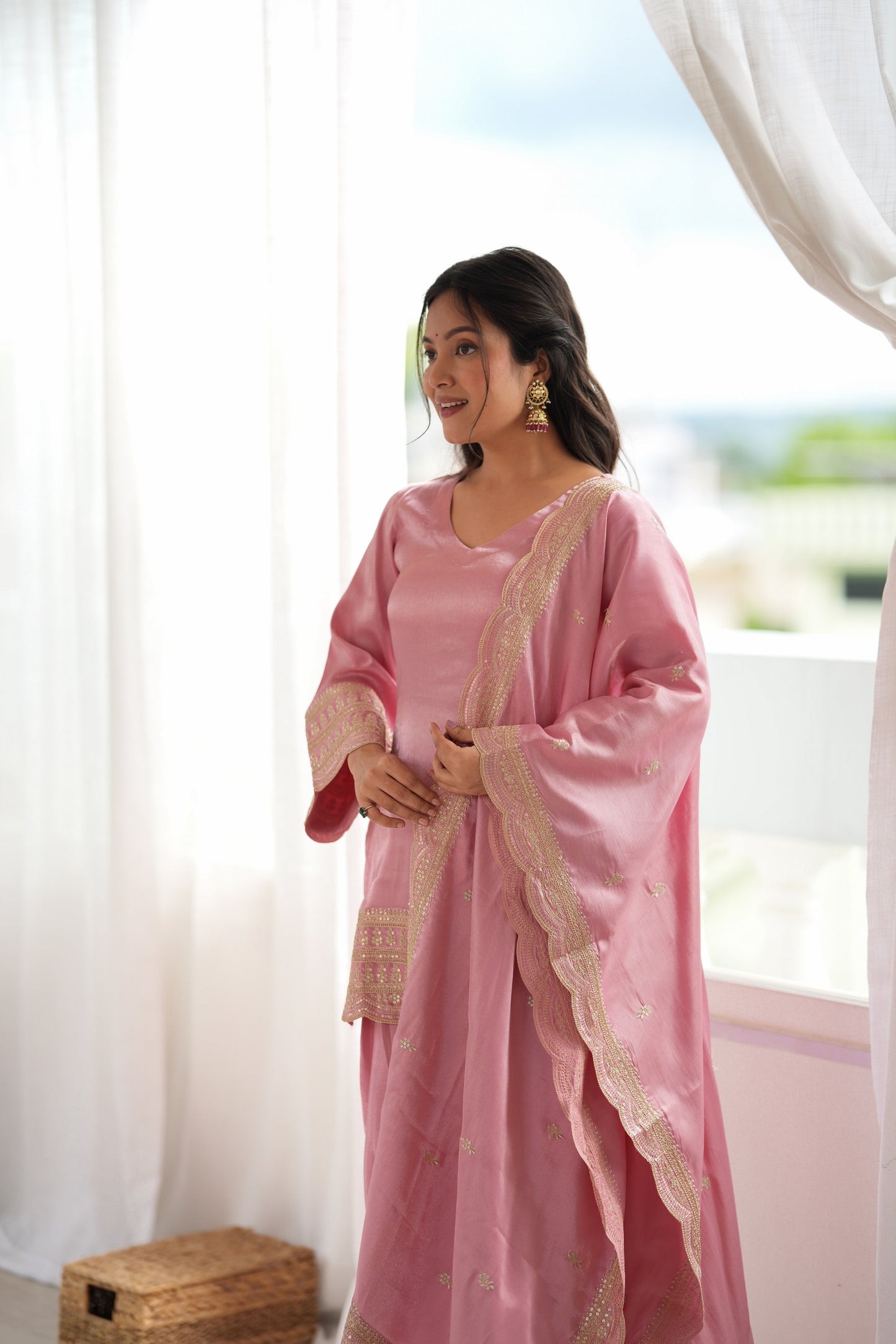 Pink Glass Roman Silk Embroidered Farshi Suit Set
