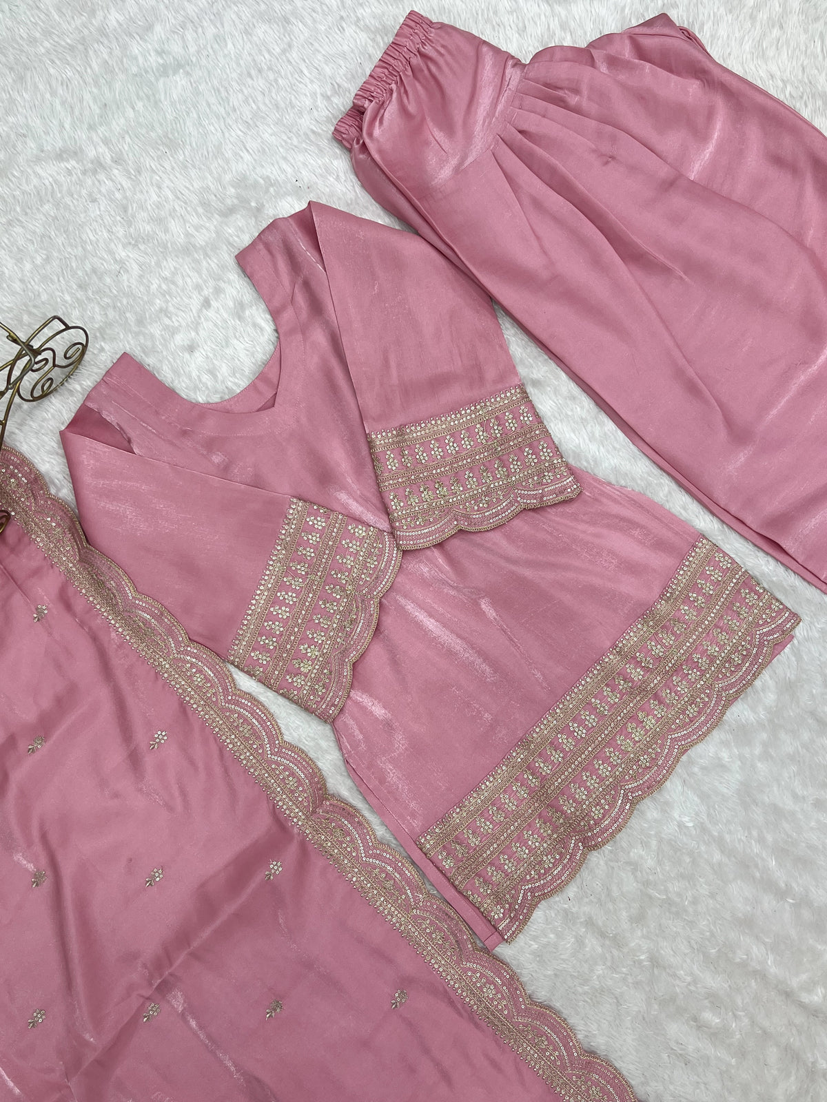 Pink Glass Roman Silk Embroidered Farshi Suit Set