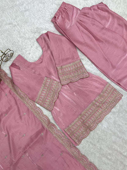 Pink Glass Roman Silk Embroidered Farshi Suit Set