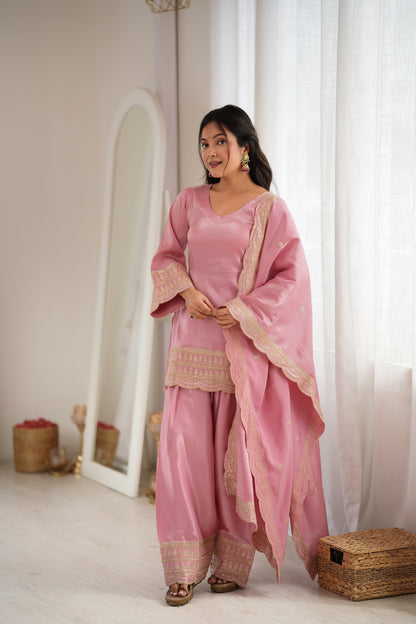 Pink Glass Roman Silk Embroidered Farshi Suit Set