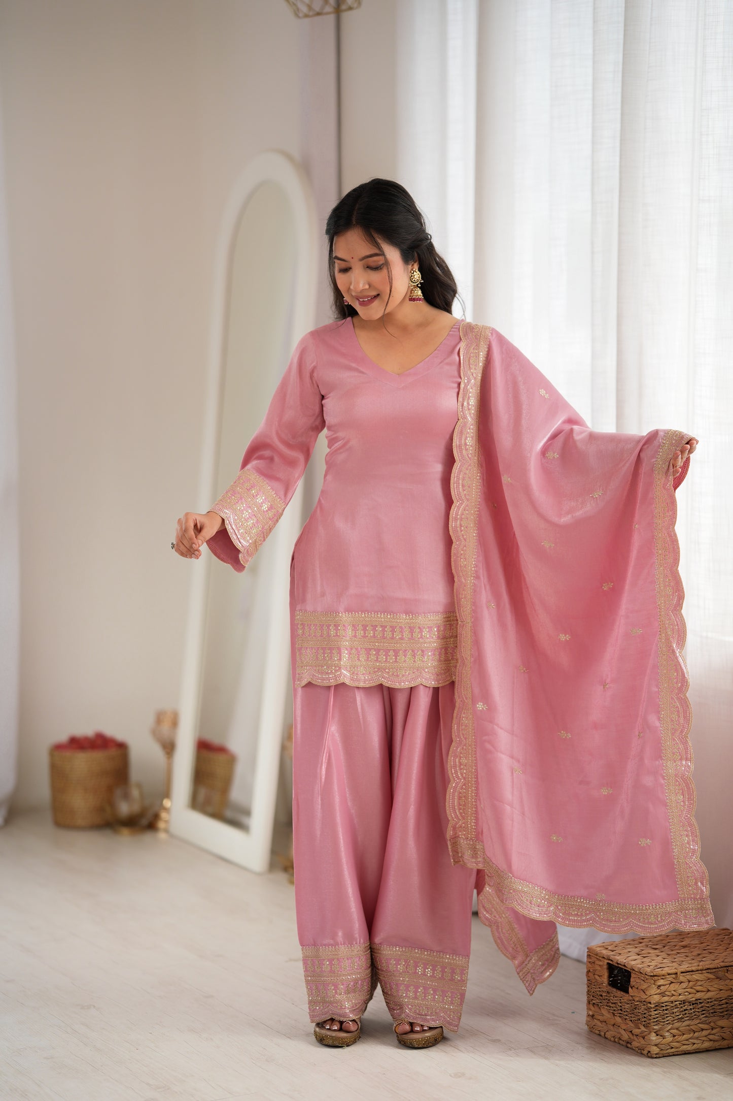 Pink Glass Roman Silk Embroidered Farshi Suit Set