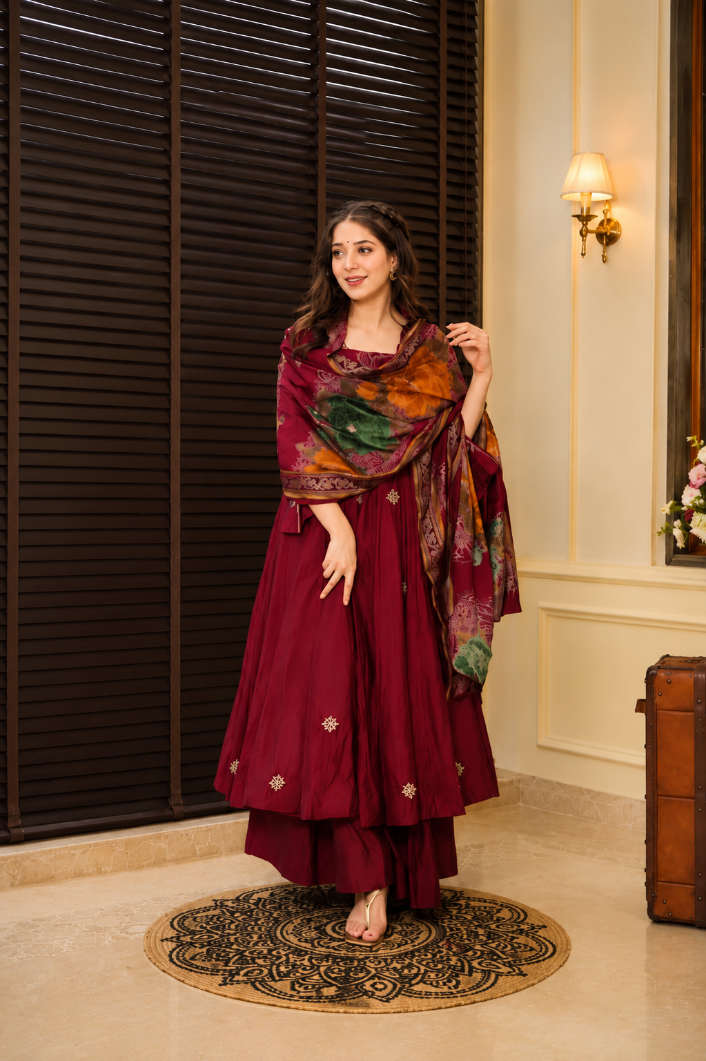 Rayon Cotton Anarkali Suit With Heavy Zari Thread Work, Palazzo & Printed Organza Dupatta