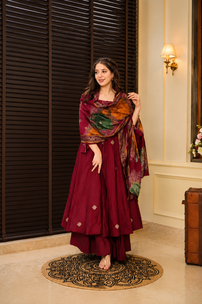 Rayon Cotton Anarkali Suit With Heavy Zari Thread Work, Palazzo & Printed Organza Dupatta