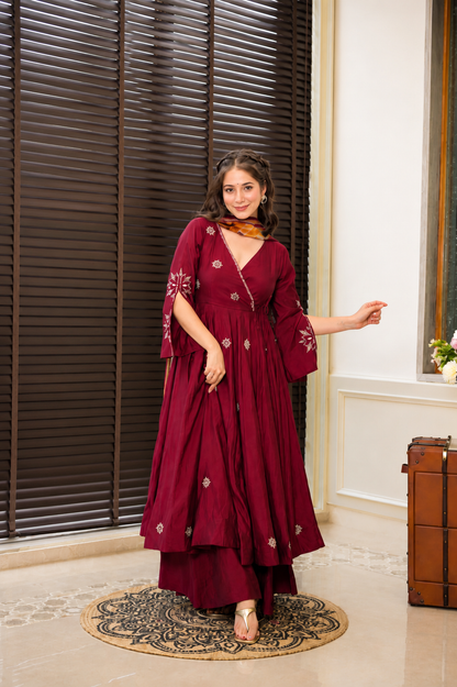 Rayon Cotton Anarkali Suit With Heavy Zari Thread Work, Palazzo & Printed Organza Dupatta