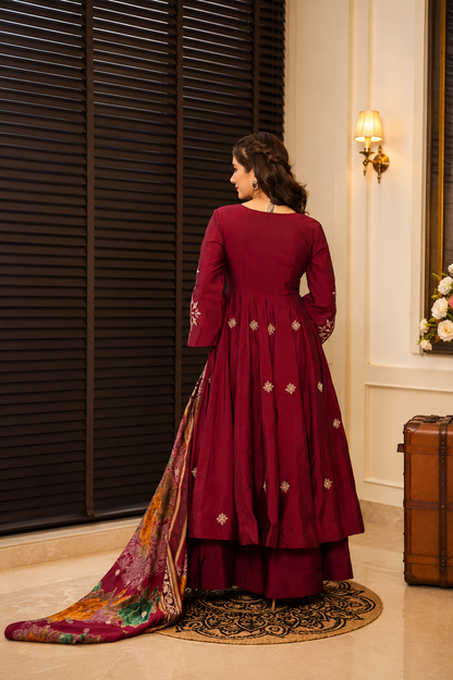 Rayon Cotton Anarkali Suit With Heavy Zari Thread Work, Palazzo & Printed Organza Dupatta