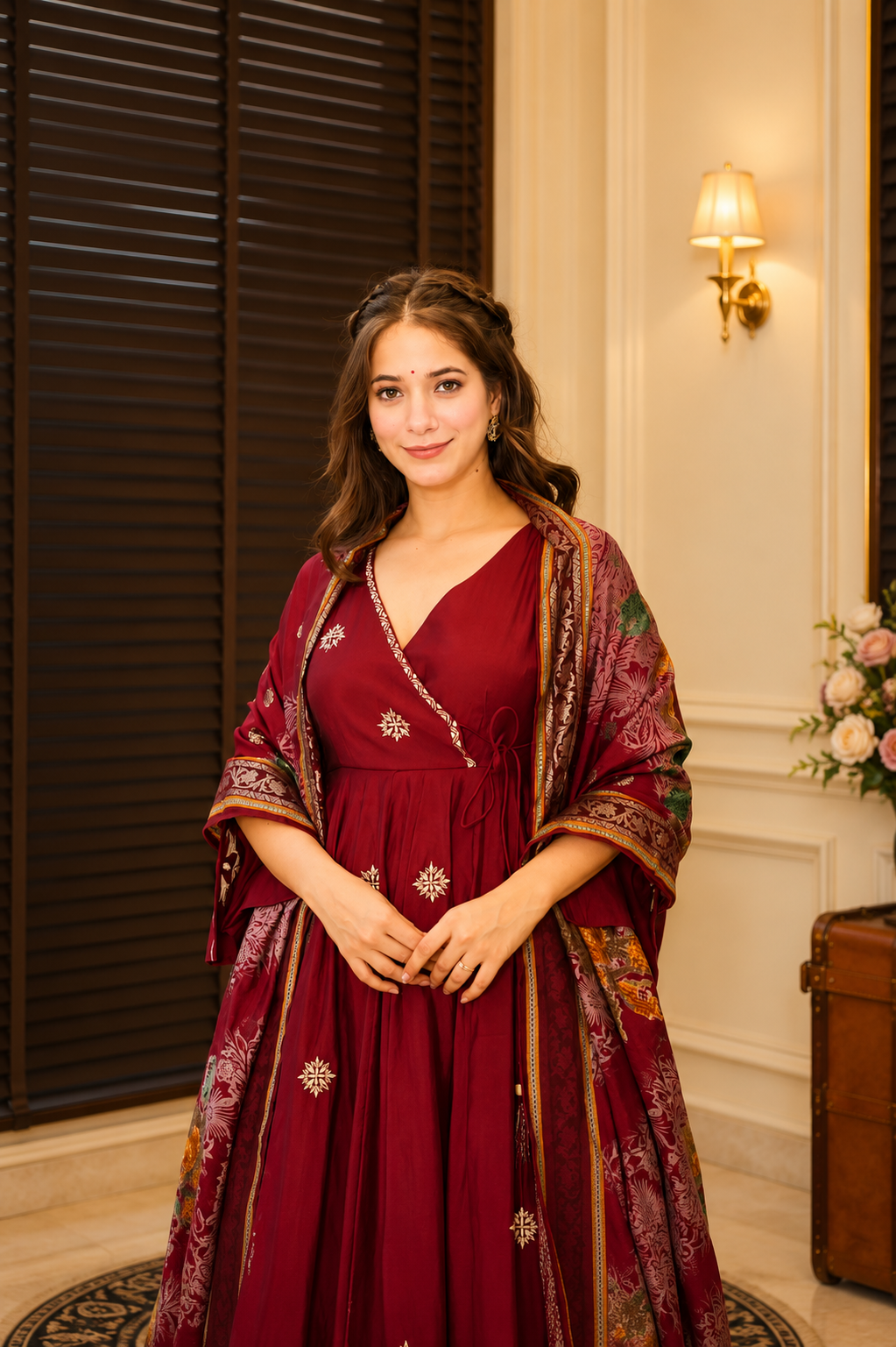 Rayon Cotton Anarkali Suit With Heavy Zari Thread Work, Palazzo & Printed Organza Dupatta