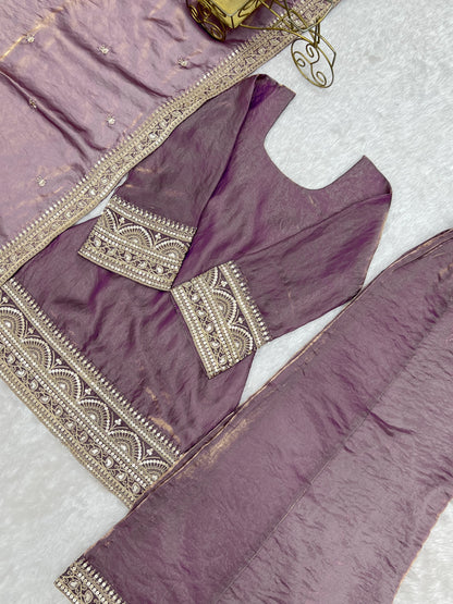 Purple Frendy Silk Palazzo Suit With Embroidery Sequence Dori Jari Work & Designer Dupatta