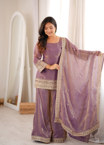 Purple Frendy Silk Palazzo Suit With Embroidery Sequence Dori Jari Work & Designer Dupatta