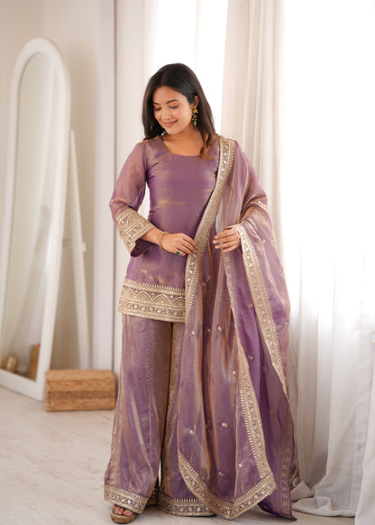Purple Frendy Silk Palazzo Suit With Embroidery Sequence Dori Jari Work & Designer Dupatta