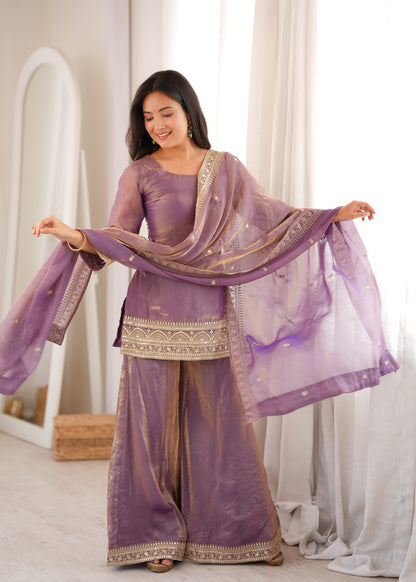 Purple Frendy Silk Palazzo Suit With Embroidery Sequence Dori Jari Work & Designer Dupatta